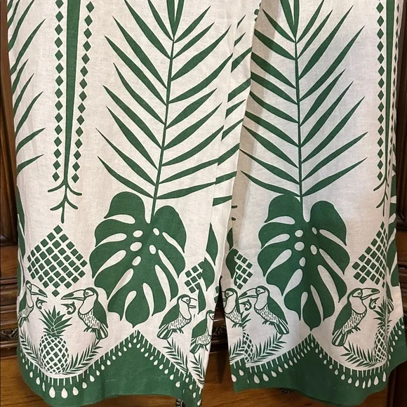 NEW Linen Blend Macaw Elegance Green Cream Leafy Tropical Print Wide Leg Pants S - Picture 6 of 17